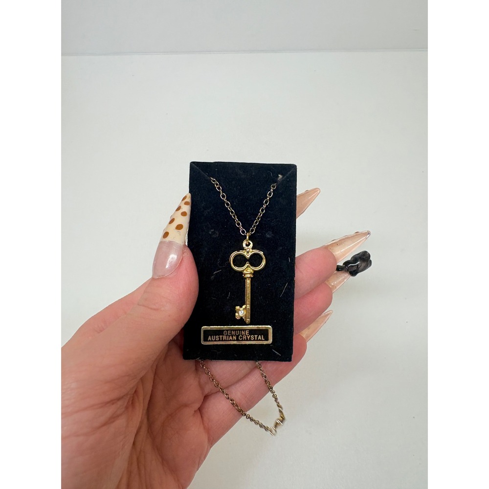 Gold Skeleton Key Pendant Necklace Genuine Austrian Crystal Vintage Style 18"